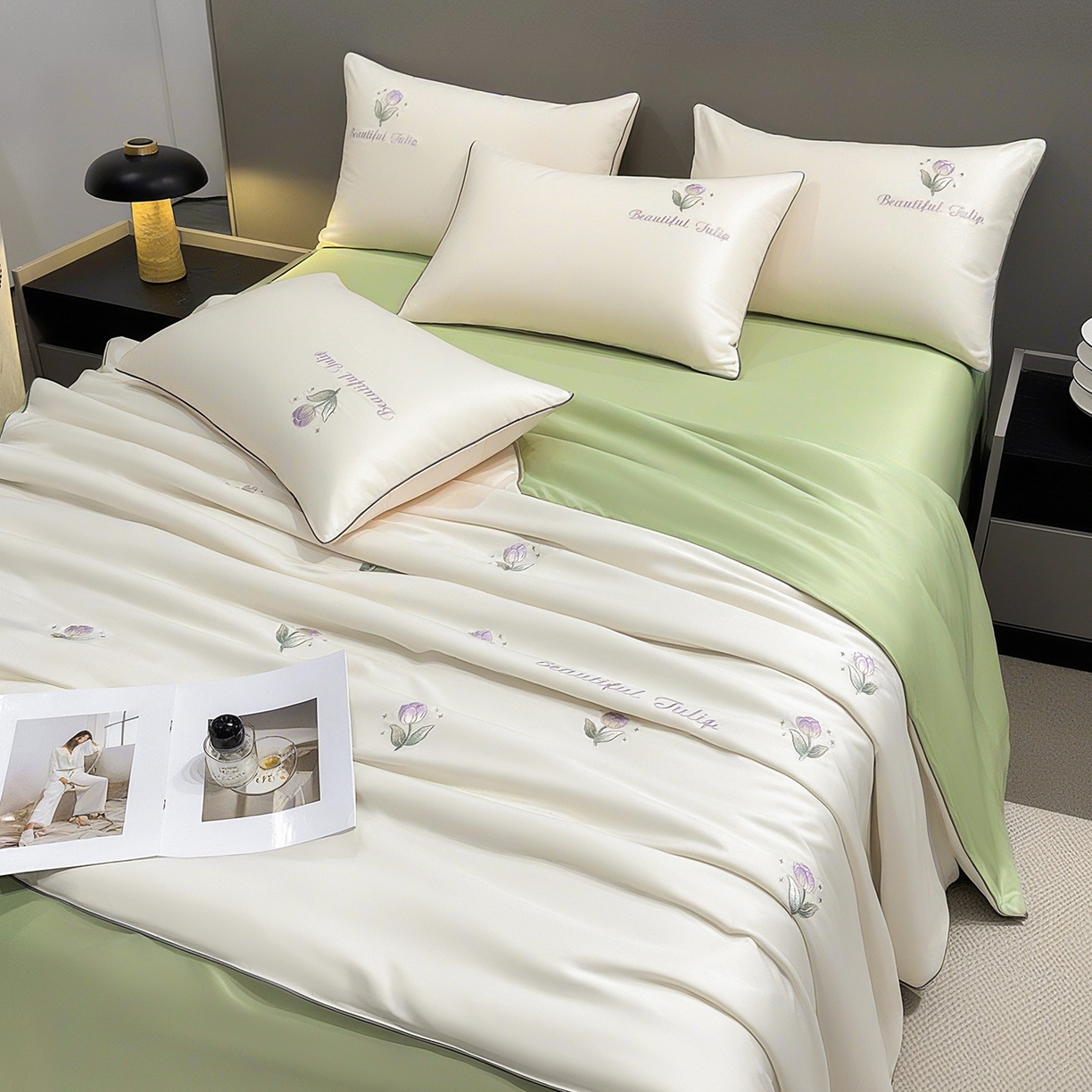 91家纺网 家纺一手货源 找家纺 梦舒羽 2026新款A类水洗冰丝满版夏凉被 郁金香-奶白绿