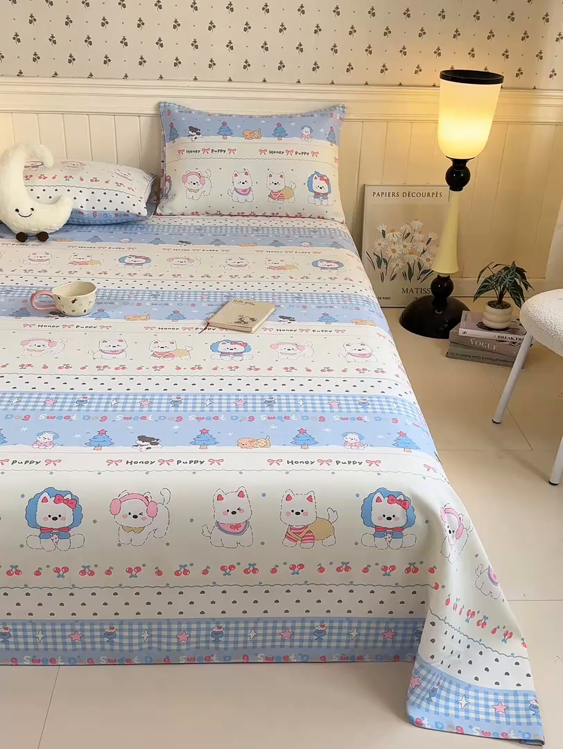 91家纺网 家纺一手货源 找家纺 美梦里 2026春夏新款小清新原棉老粗布席子凉席单床单床单单件单品床单 可爱汪