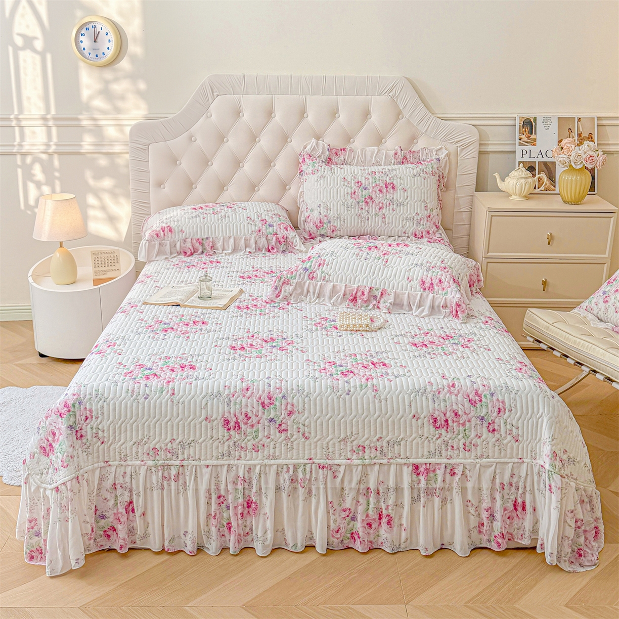 宜凡家纺 2026新款印花凉感丝夹棉床盖三件套 玫瑰露语