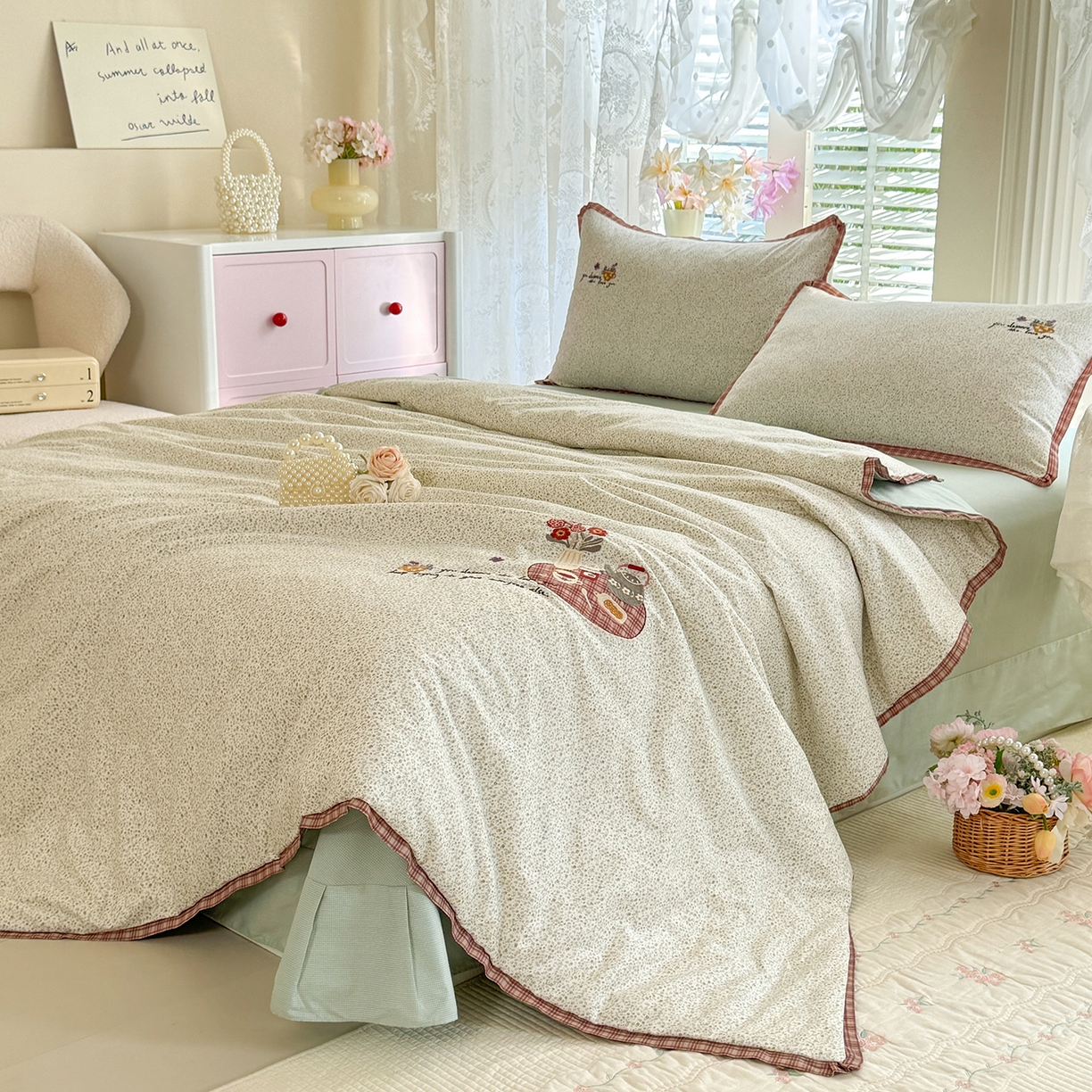 91家纺网 家纺一手货源 找家纺 艾唯希家纺 2026新款多功能全棉活套夏被四件套刺绣工艺纯棉四季通用-知意系列 知意-绿