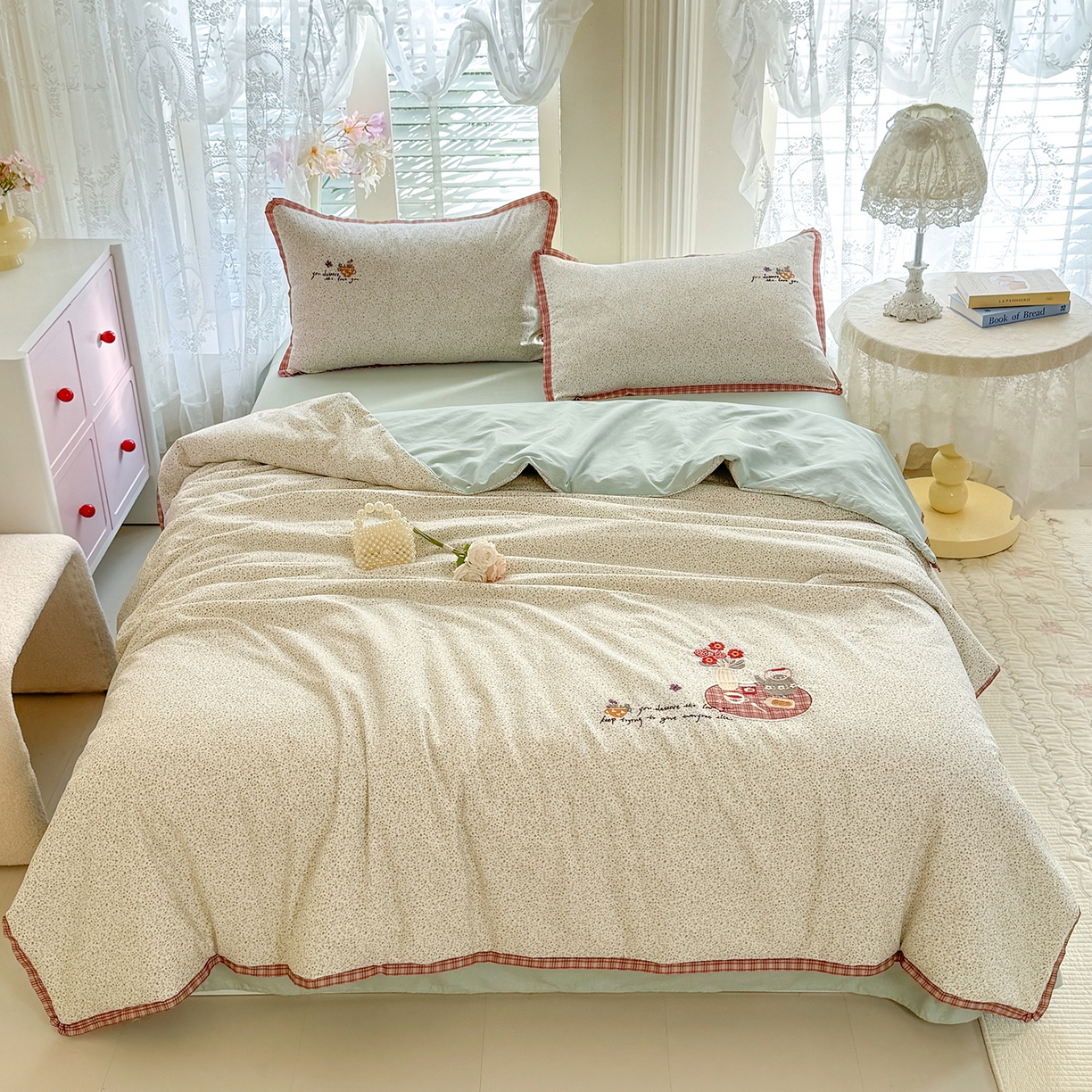 艾唯希家纺 2026新款多功能全棉活套夏被四件套刺绣工艺纯棉四季通用-知意系列 知意-绿