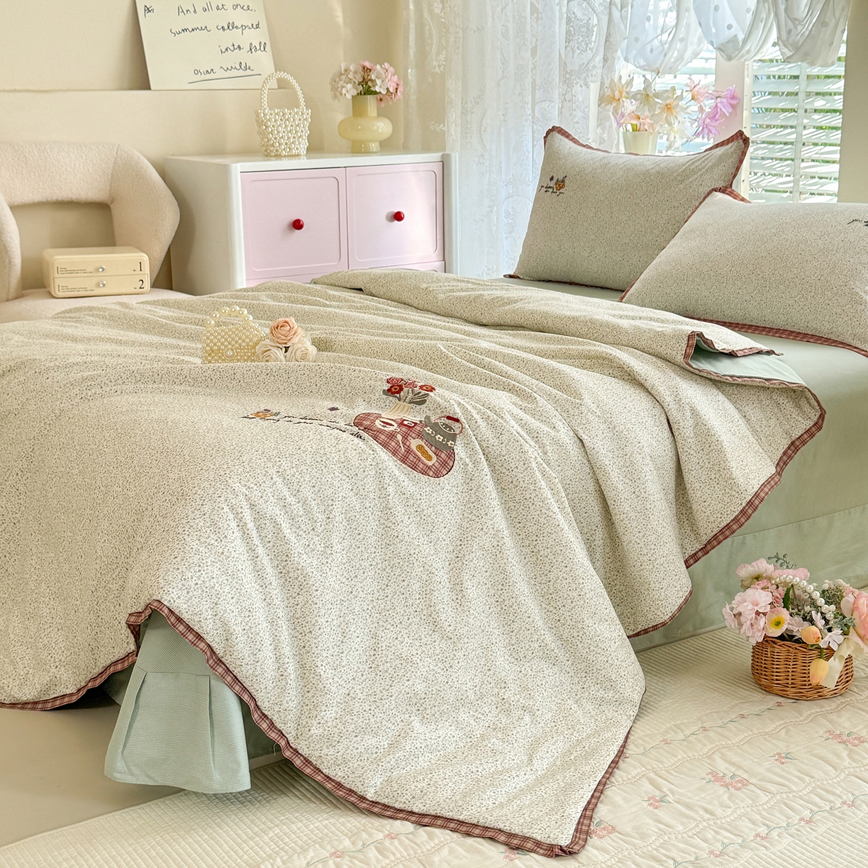 91家纺网 家纺一手货源 找家纺 艾唯希家纺 2026新款多功能全棉活套夏被四件套刺绣工艺纯棉四季通用-知意系列 知意-绿