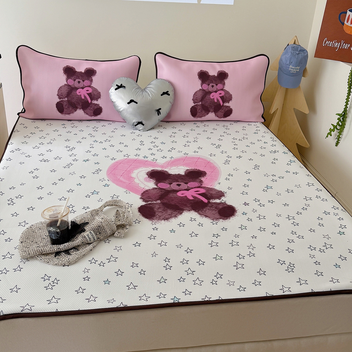 91家纺网 家纺一手货源 找家纺 山茶家居-原创设计（原山茶家纺） 2026新款韩国设计师合作款斜纹冰丝席凉席 韩国设计系列-星星熊