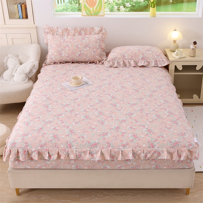 91家纺网 家纺一手货源 找家纺 （总）乐逸家纺 2026新款A类母婴级韩系爆款花边款碎花床笠三件套四件套