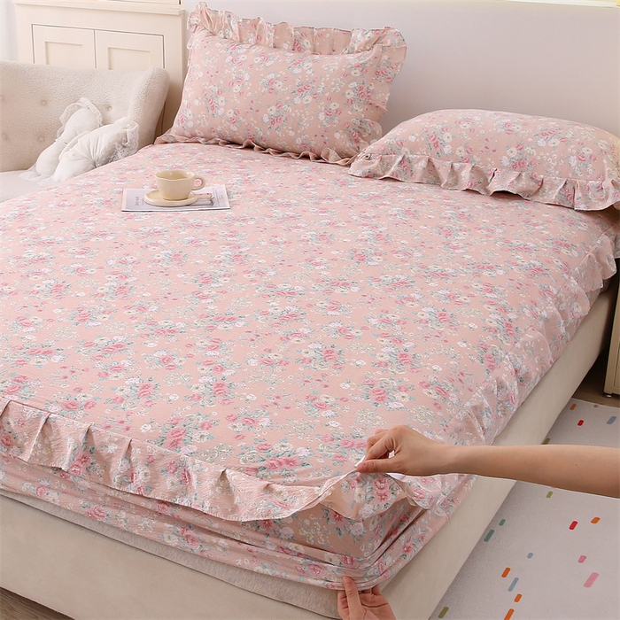 91家纺网 家纺一手货源 找家纺 （总）乐逸家纺 2026新款A类母婴级韩系爆款花边款碎花床笠三件套四件套