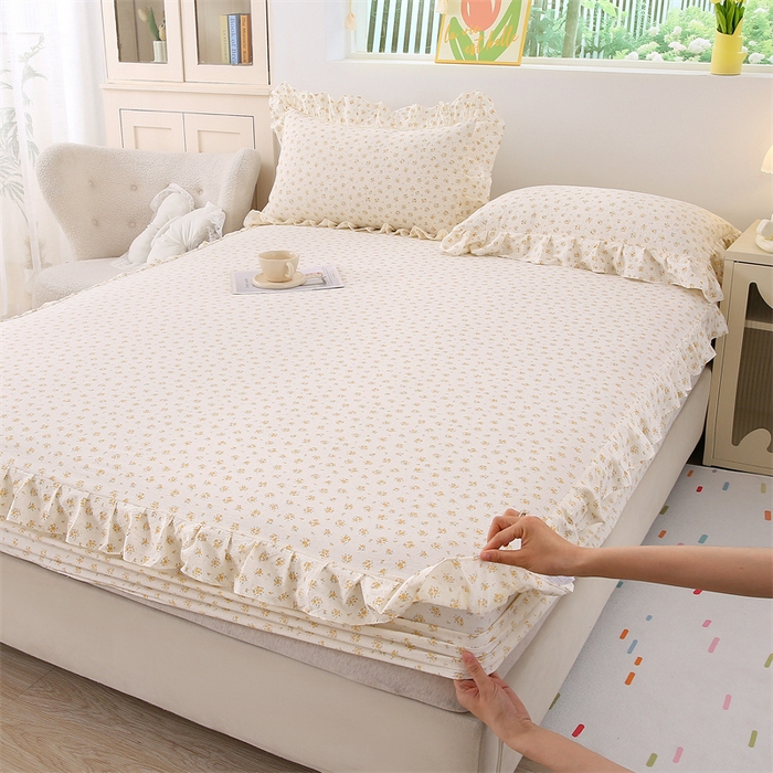 91家纺网 家纺一手货源 找家纺 （总）乐逸家纺 2026新款A类母婴级韩系爆款花边款碎花床笠三件套四件套