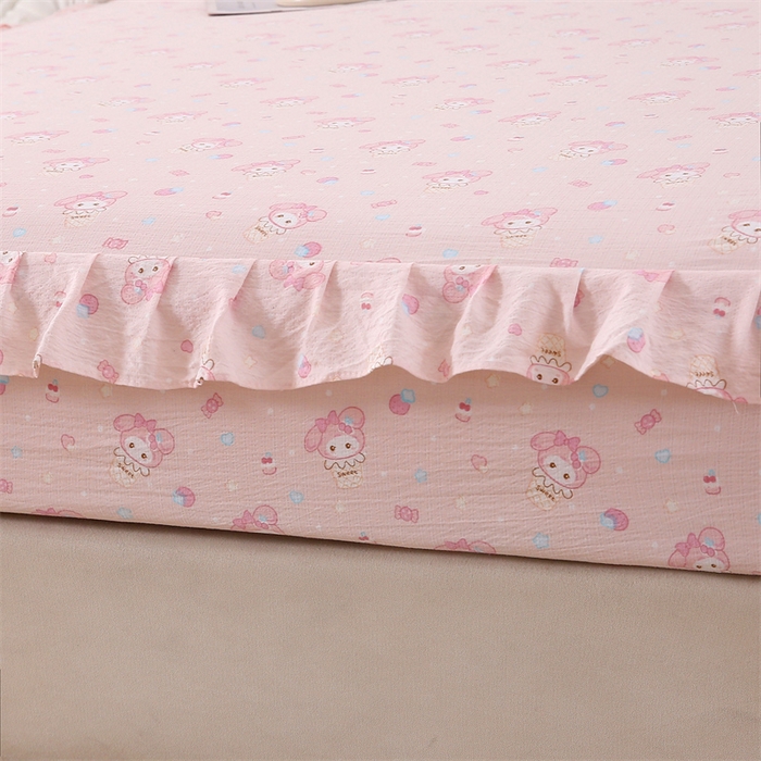 91家纺网 家纺一手货源 找家纺 乐逸家纺 2026新款A类母婴级韩系爆款花边款碎花床笠三件套四件套 韩系花边款床笠可爱卡通甜筒