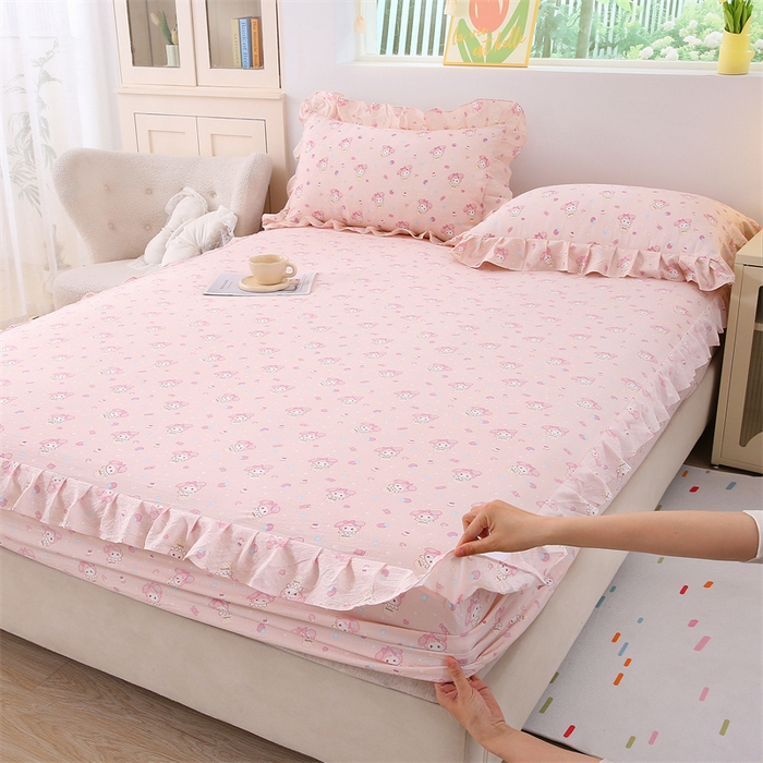 乐逸家纺 2026新款A类母婴级韩系爆款花边款碎花床笠三件套四件套 韩系花边款床笠可爱卡通甜筒