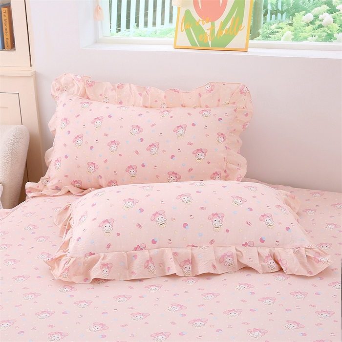 91家纺网 家纺一手货源 找家纺 乐逸家纺 2026新款A类母婴级韩系爆款花边款碎花床笠三件套四件套 韩系花边款床笠可爱卡通甜筒