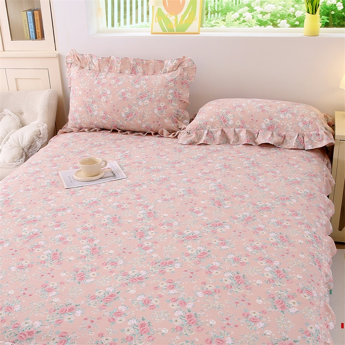 91家纺网 家纺一手货源 找家纺 乐逸家纺 2026新款A类母婴级韩系爆款花边款碎花床笠三件套四件套 韩系花边款床笠爱如星辰