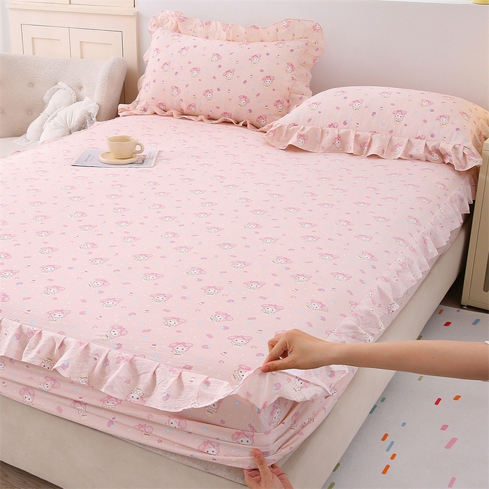 91家纺网 家纺一手货源 找家纺 乐逸家纺 2026新款A类母婴级韩系爆款花边款碎花床笠三件套四件套 韩系花边款床笠可爱卡通甜筒