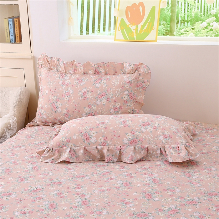 91家纺网 家纺一手货源 找家纺 乐逸家纺 2026新款A类母婴级韩系爆款花边款碎花床笠三件套四件套 韩系花边款床笠爱如星辰