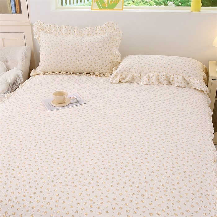 91家纺网 家纺一手货源 找家纺 乐逸家纺 2026新款A类母婴级韩系爆款花边款碎花床笠三件套四件套 韩系花边款床笠栀子海