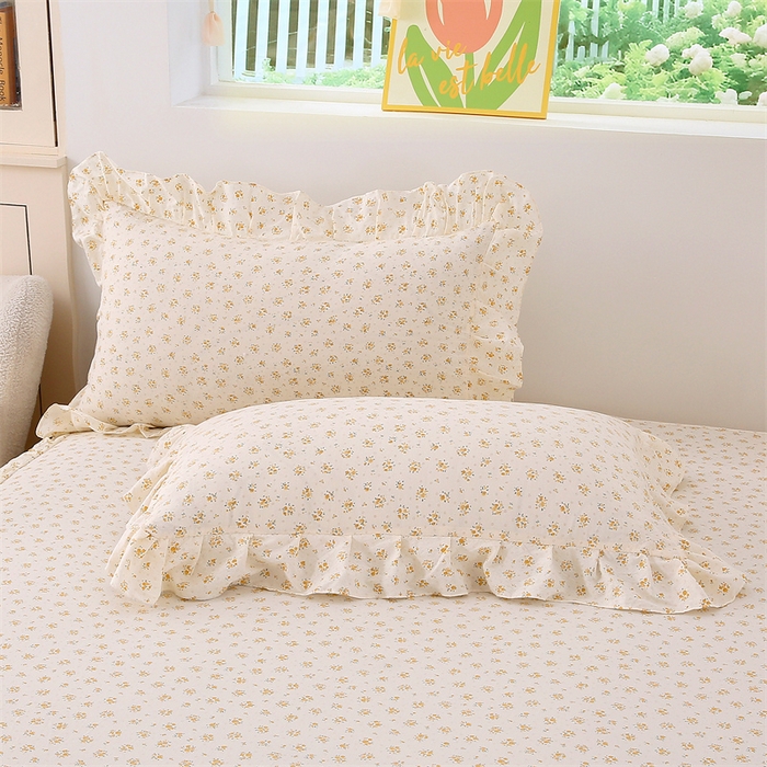 91家纺网 家纺一手货源 找家纺 乐逸家纺 2026新款A类母婴级韩系爆款花边款碎花床笠三件套四件套 韩系花边款床笠栀子海