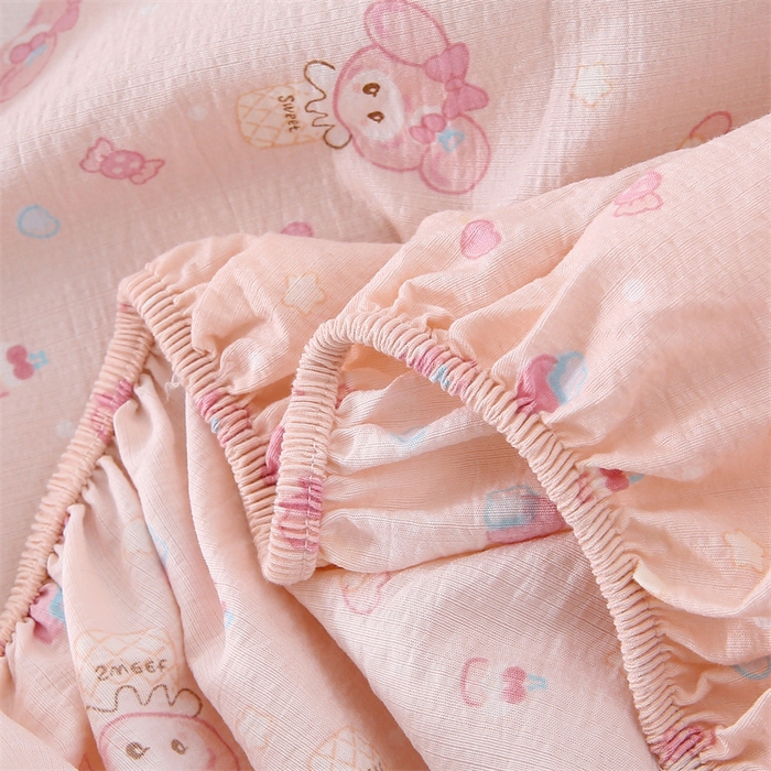 91家纺网 家纺一手货源 找家纺 乐逸家纺 2026新款A类母婴级韩系爆款花边款碎花床笠三件套四件套 韩系花边款床笠可爱卡通甜筒