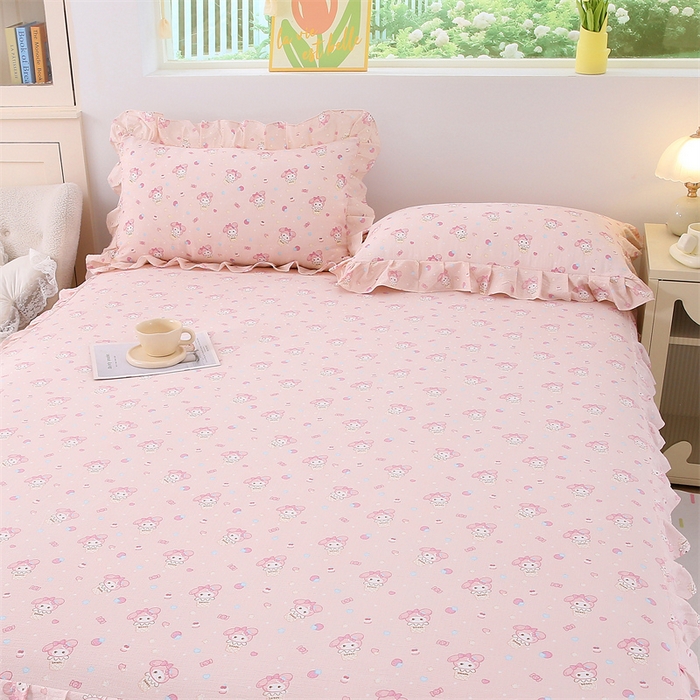 91家纺网 家纺一手货源 找家纺 乐逸家纺 2026新款A类母婴级韩系爆款花边款碎花床笠三件套四件套 韩系花边款床笠可爱卡通甜筒