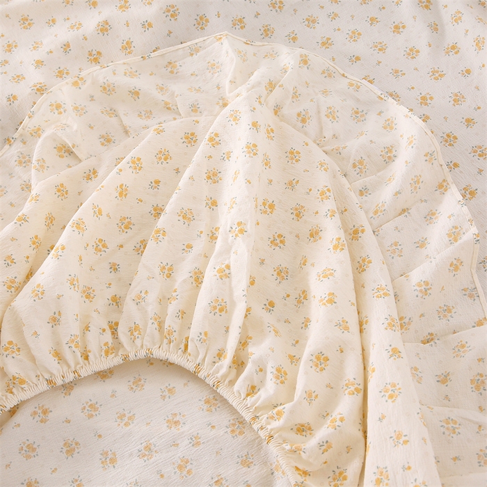 91家纺网 家纺一手货源 找家纺 乐逸家纺 2026新款A类母婴级韩系爆款花边款碎花床笠三件套四件套 韩系花边款床笠栀子海