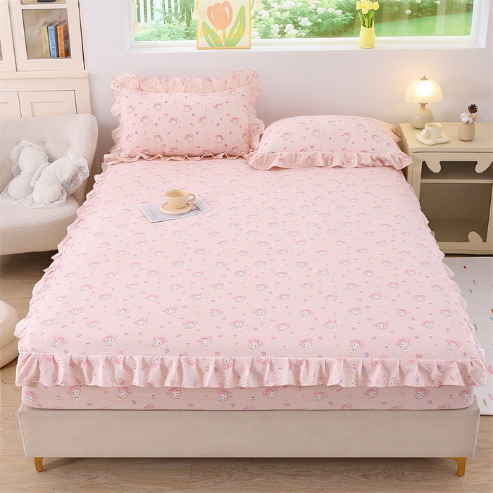 91家纺网 家纺一手货源 找家纺 乐逸家纺 2026新款A类母婴级韩系爆款花边款碎花床笠三件套四件套 韩系花边款床笠可爱卡通甜筒