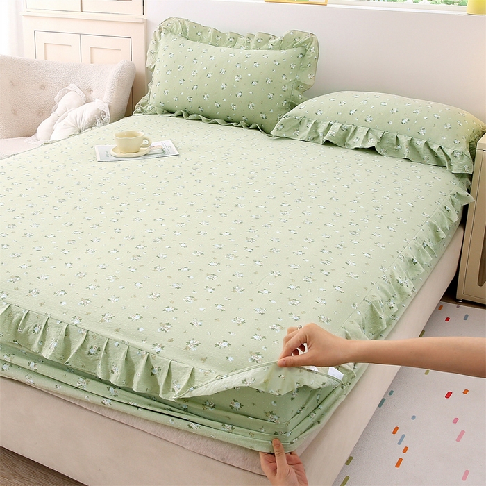 91家纺网 家纺一手货源 找家纺 乐逸家纺 2026新款A类母婴级韩系爆款花边款碎花床笠三件套四件套 韩系花边款床笠落日暮年绿