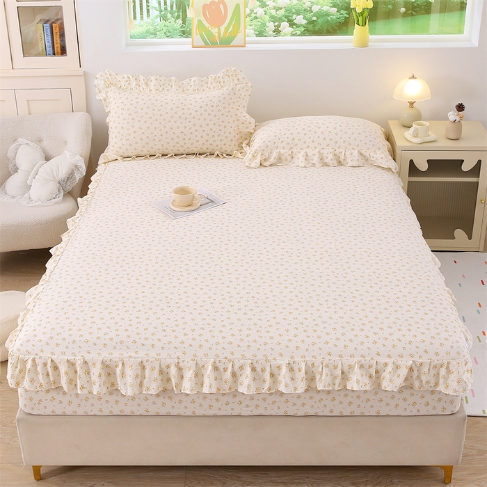 91家纺网 家纺一手货源 找家纺 乐逸家纺 2026新款A类母婴级韩系爆款花边款碎花床笠三件套四件套 韩系花边款床笠栀子海