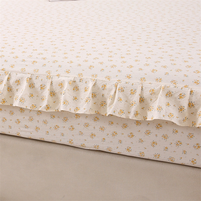 91家纺网 家纺一手货源 找家纺 乐逸家纺 2026新款A类母婴级韩系爆款花边款碎花床笠三件套四件套 韩系花边款床笠栀子海