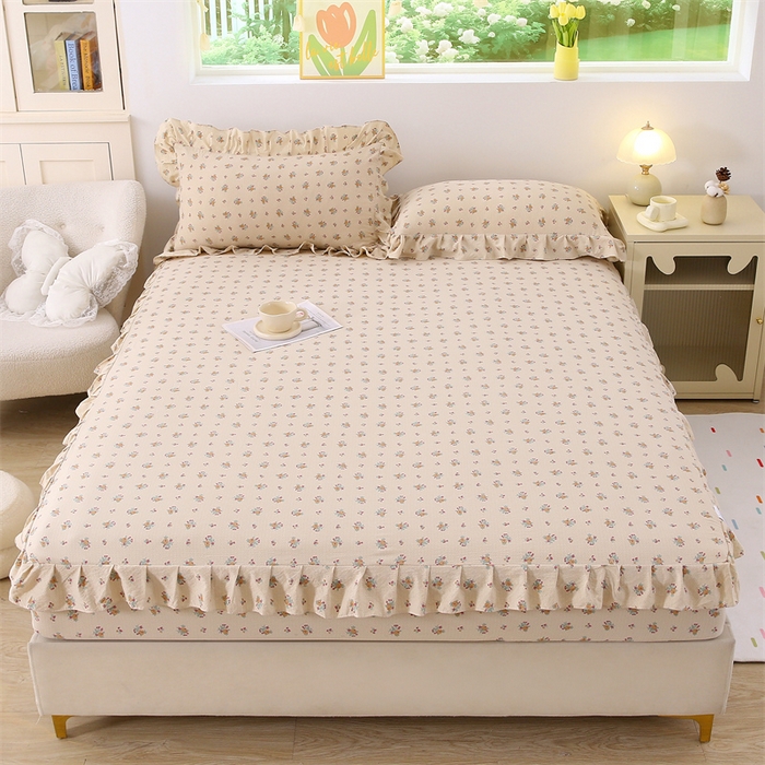 91家纺网 家纺一手货源 找家纺 乐逸家纺 2026新款A类母婴级韩系爆款花边款碎花床笠三件套四件套 韩系花边款床笠花海