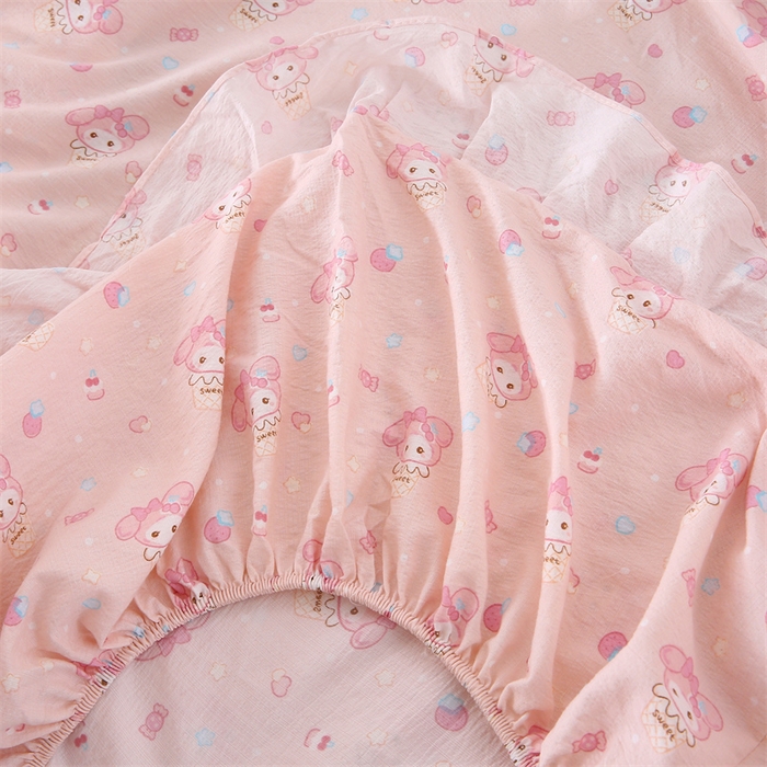 91家纺网 家纺一手货源 找家纺 乐逸家纺 2026新款A类母婴级韩系爆款花边款碎花床笠三件套四件套 韩系花边款床笠可爱卡通甜筒