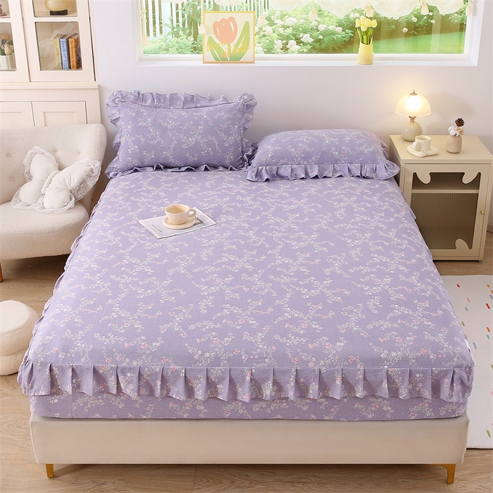 91家纺网 家纺一手货源 找家纺 乐逸家纺 2026新款A类母婴级韩系爆款花边款碎花床笠三件套四件套 韩系花边款床笠倾心紫