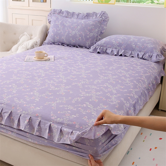 91家纺网 家纺一手货源 找家纺 乐逸家纺 2026新款A类母婴级韩系爆款花边款碎花床笠三件套四件套 韩系花边款床笠倾心紫