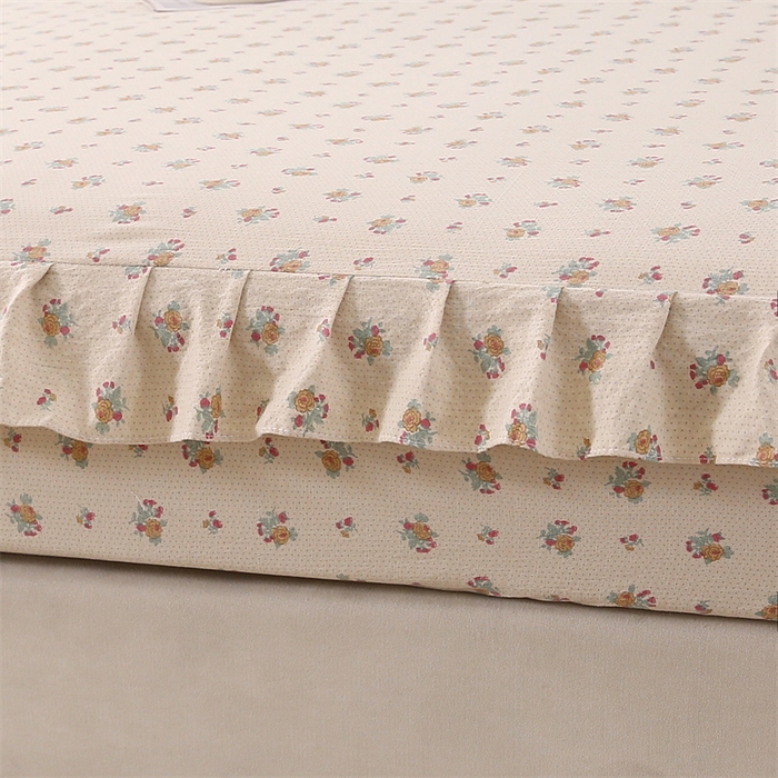 91家纺网 家纺一手货源 找家纺 乐逸家纺 2026新款A类母婴级韩系爆款花边款碎花床笠三件套四件套 韩系花边款床笠花海