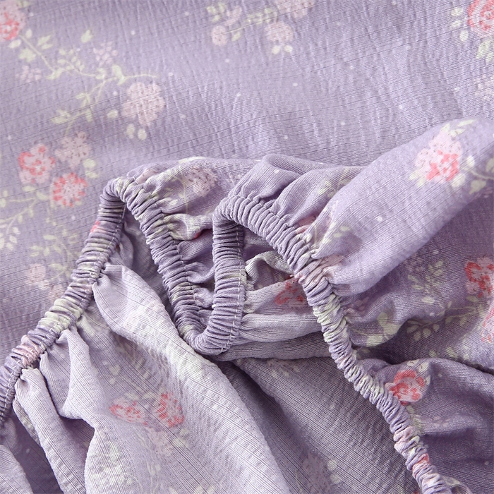 91家纺网 家纺一手货源 找家纺 乐逸家纺 2026新款A类母婴级韩系爆款花边款碎花床笠三件套四件套 韩系花边款床笠倾心紫