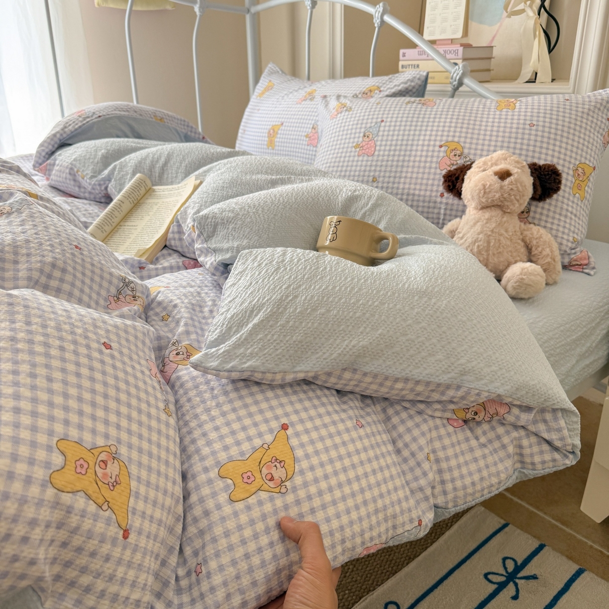 91家纺网 家纺一手货源 找家纺 温眠家纺 2026新款高品质泡芙纱简单款四件套 追梦人蓝