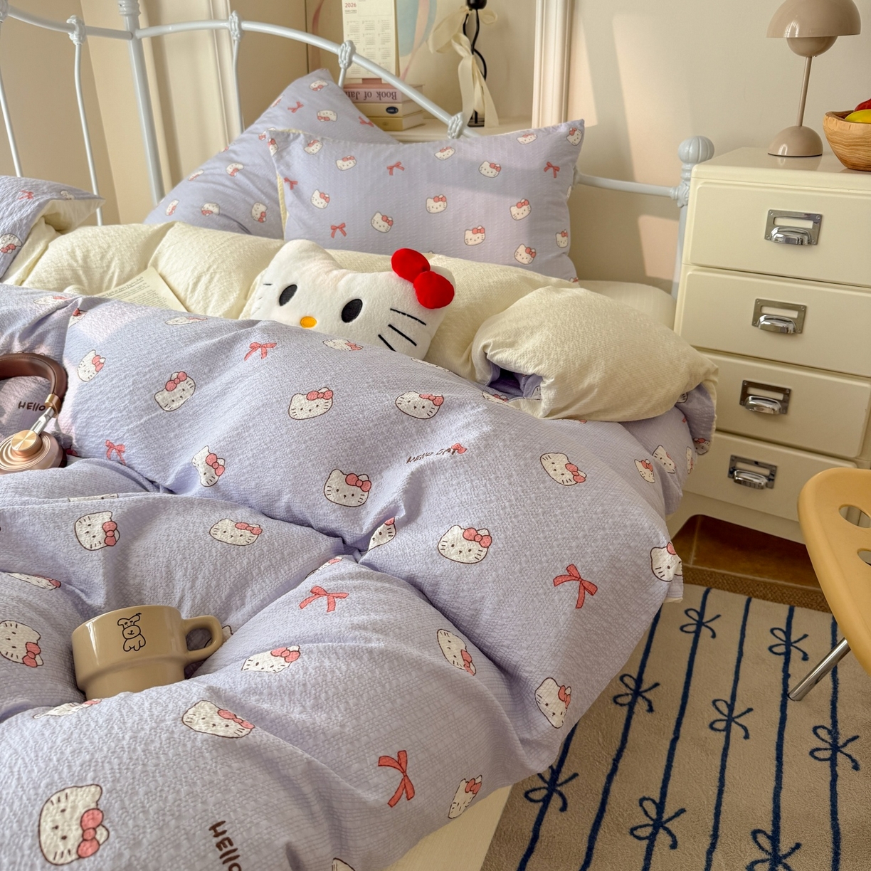 91家纺网 家纺一手货源 找家纺 温眠家纺 2026新款高品质泡芙纱简单款四件套 小猫日记