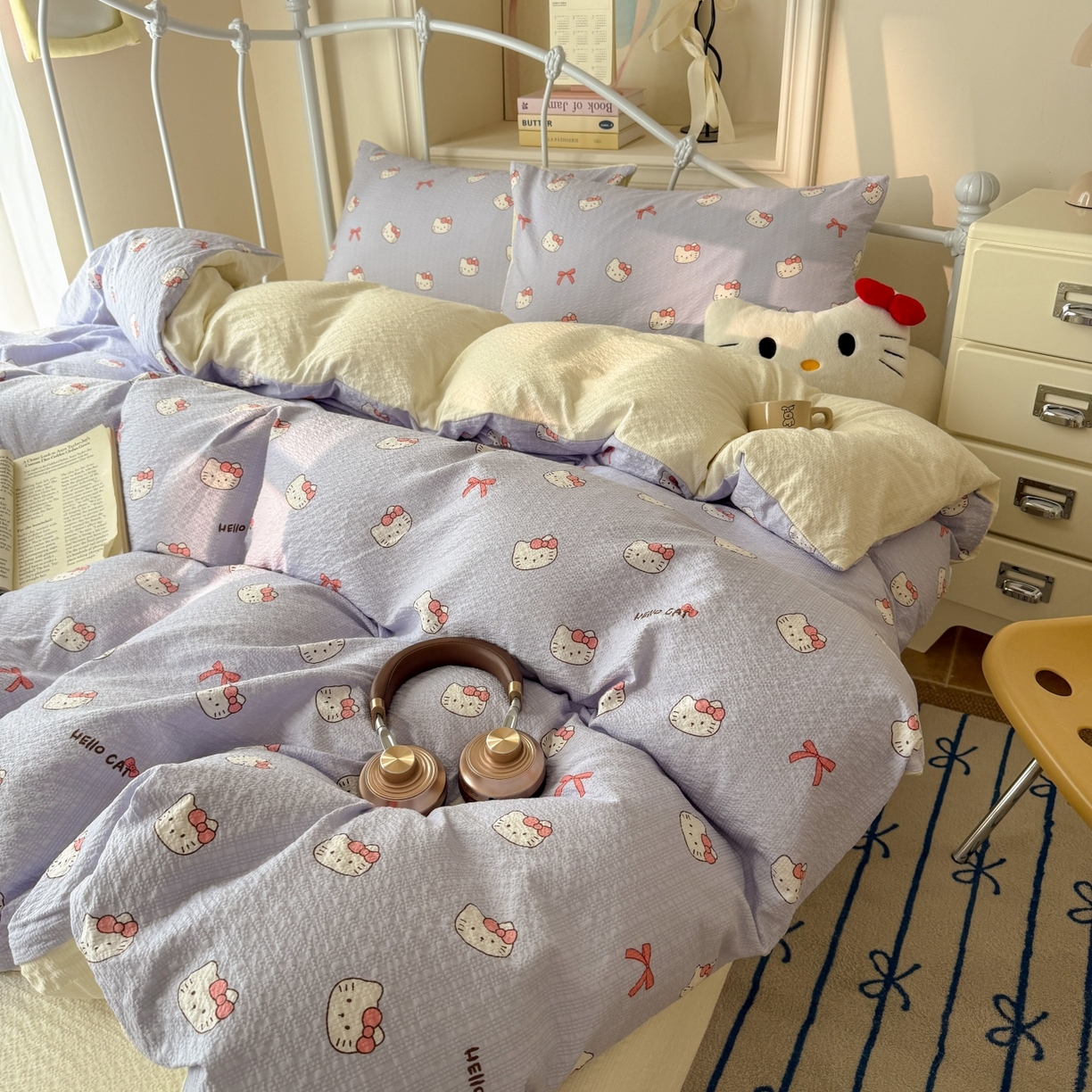 91家纺网 家纺一手货源 找家纺 温眠家纺 2026新款高品质泡芙纱简单款四件套 小猫日记