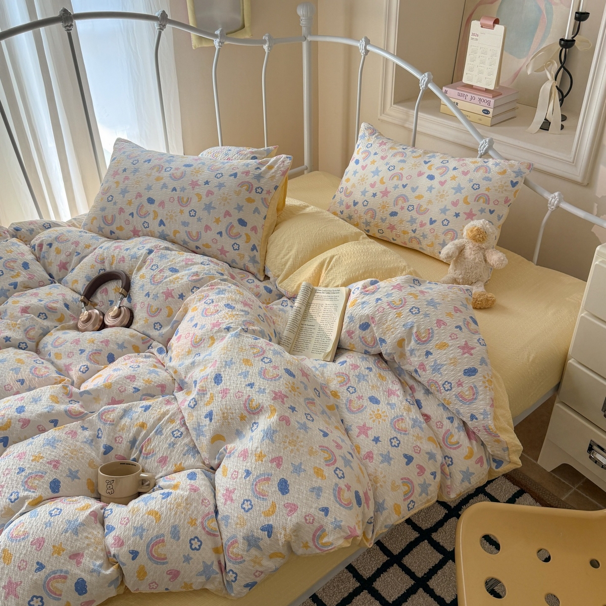 91家纺网 家纺一手货源 找家纺 温眠家纺 2026新款高品质泡芙纱简单款四件套 彩虹