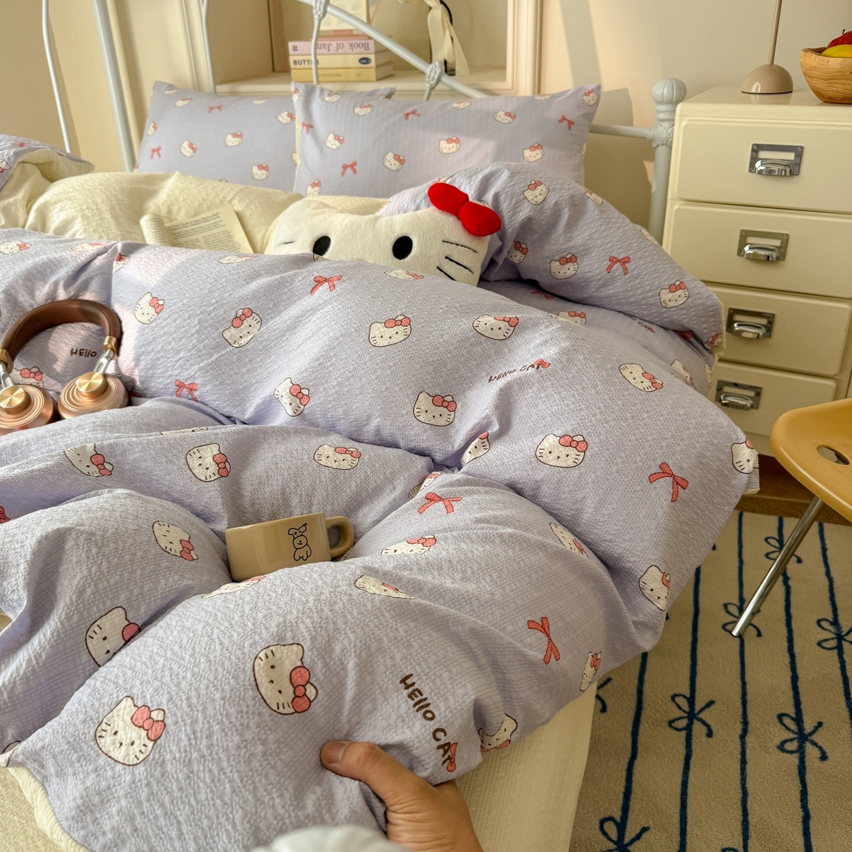 91家纺网 家纺一手货源 找家纺 温眠家纺 2026新款高品质泡芙纱简单款四件套 小猫日记