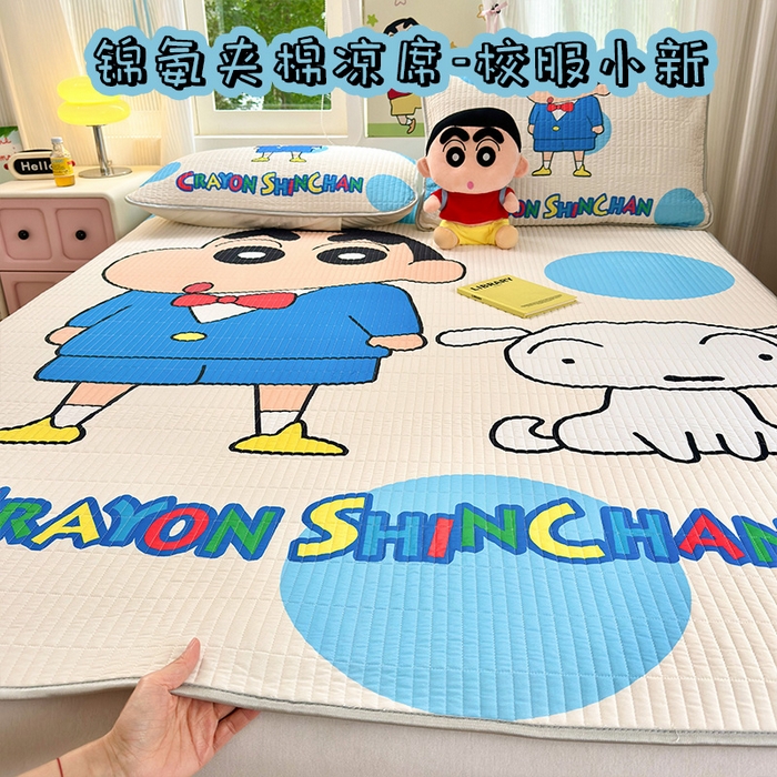 91家纺网 家纺一手货源 找家纺 （总）桃子家居 2026新款A类蜡笔小新数码印花卡通大版夹棉冰皮凉席三件套夏凉被空调被夏被四件套