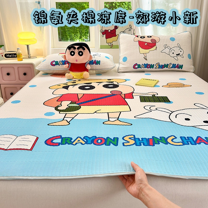 桃子家居 2026新款A类蜡笔小新数码印花卡通大版夹棉冰皮凉席三件套夏凉被空调被夏被四件套 锦氨夹棉凉席平铺款-郊游小新