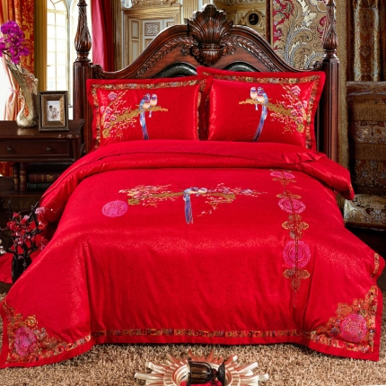 皇纺彩绣婚庆多件套大红色结婚床上用品喜上眉梢
