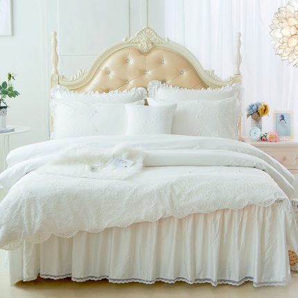 菊上家纺 60S贡缎全棉纯色蕾丝床裙四件套 轻奢风 珍珠白色