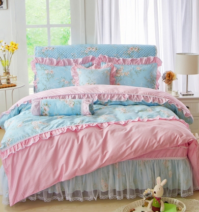 菊上新品韩版全棉加厚加棉田园公主风床裙款四件套-宁静初开