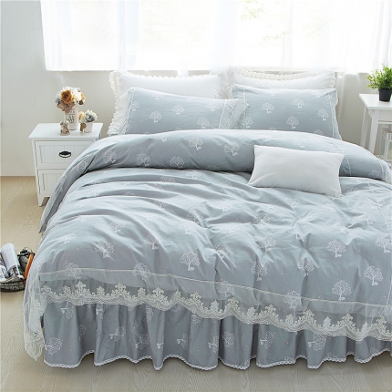 2017优质全棉13372韩版蕾丝床裙精品四件套 幸福银灰