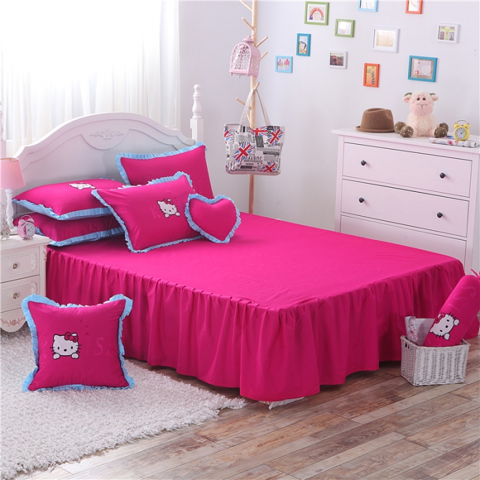 91家纺网 家纺一手货源 找家纺 欧冠家纺 全棉卡通贴布绣床裙款四件套KISS-玫红