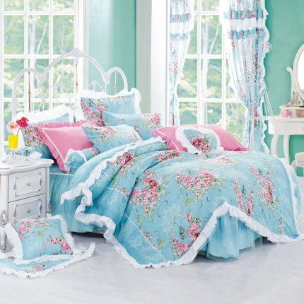 91家纺网 家纺一手货源 找家纺 菊尚家纺 全棉13372韩版四件套爱丁堡玫瑰-蓝