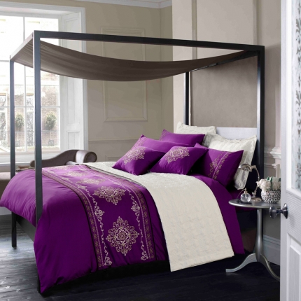 91家纺网 家纺一手货源 找家纺 兴美佳家纺 欧式60s贡缎长绒棉刺绣四件套幽兰古调-紫