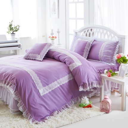 91家纺网 家纺一手货源 找家纺 菊上家纺——全棉133*72韩版蕾丝床裙四件套—水晶之恋-紫