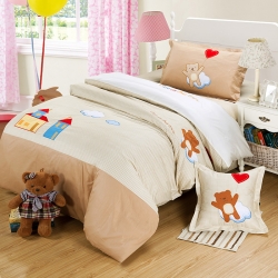 兴莉家纺 全棉加厚绣花四件套我爱我的小镇咖