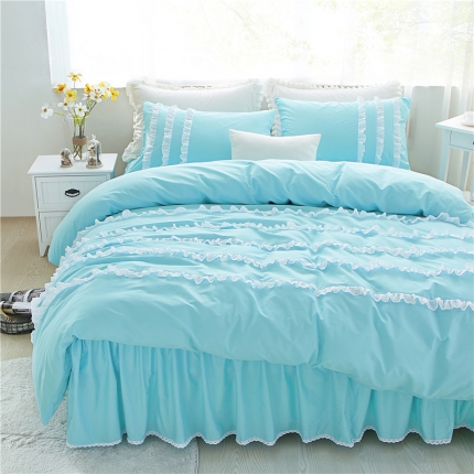 菊上 优质全棉13372韩版蕾丝床裙款四件套 初棉-薄荷绿