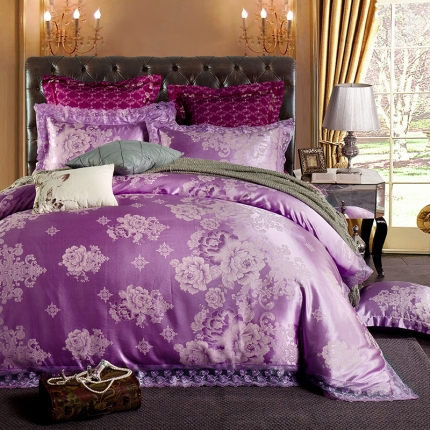 皇居家纺  全棉欧式蕾丝花卉提花四件套-甜蜜花语-紫