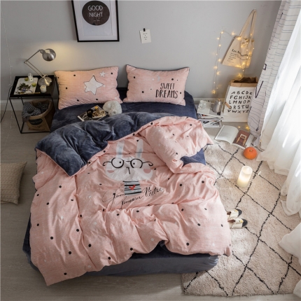 91家纺网 家纺一手货源 找家纺 慕梵大版定位 水洗暖绒+法莱绒四件套多规格尺寸床单款珊瑚绒